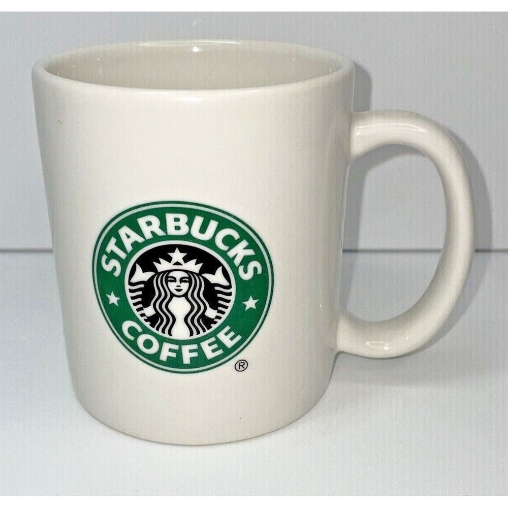 2004 Starbucks Coffee Mug Cup White Green Black Logo Advertising Siren EUC